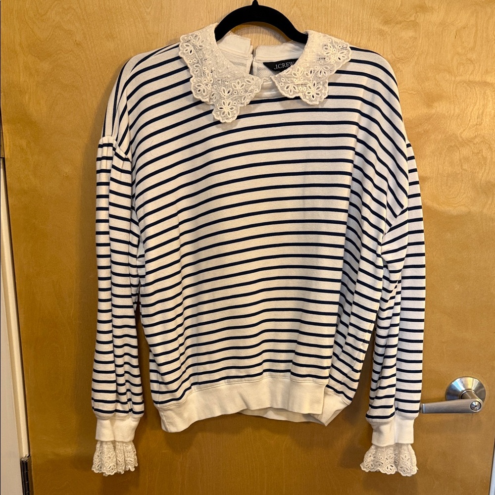 J. Crew White Sweater with Navy Stripes and Lace Collar Large